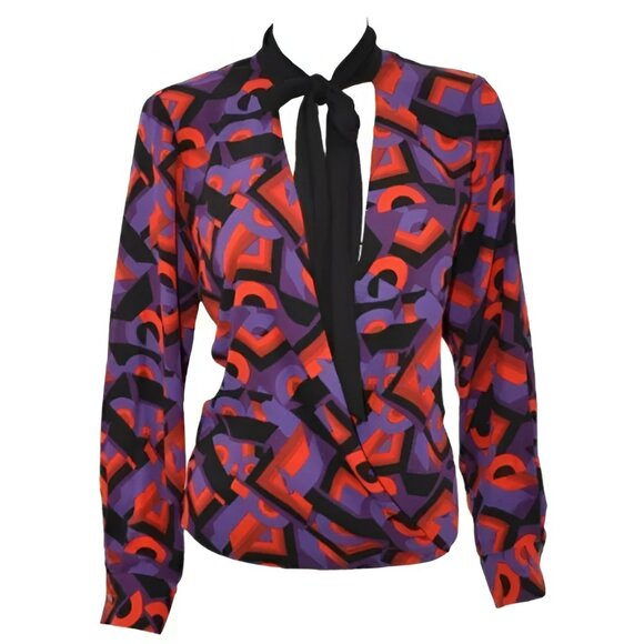 Vince Camuto Tops - Vince Camuto Retro Abstract Red Purple Crossbody Christmas Holiday Top Blouse S